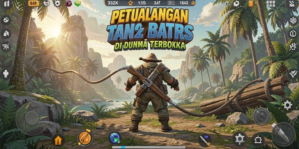 Screenshot gameplay 33ZK menunjukkan eksplorasi dunia terbuka yang indah.