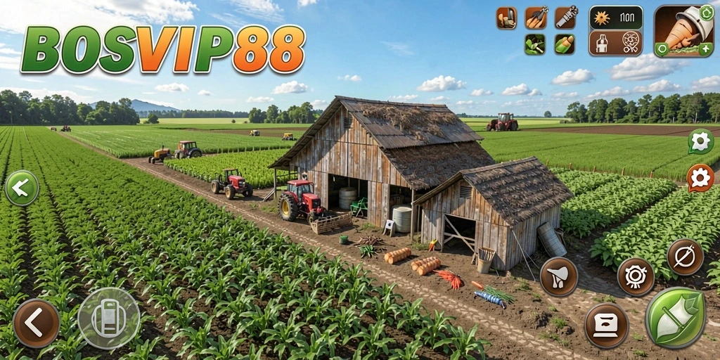 Screenshot gameplay BOSVIP88 menampilkan aktivitas bertani yang seru dan interaktif.