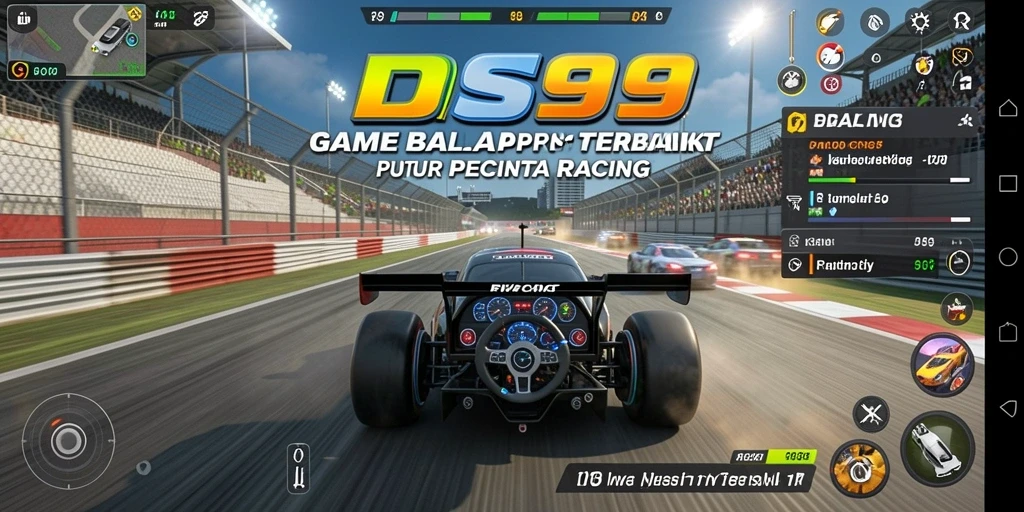 Screenshot utama DS99 menampilkan aksi balapan yang mendebarkan.