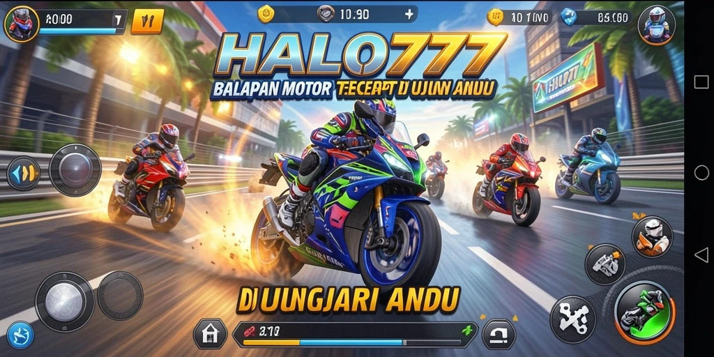 Tampilan gameplay HALO777 menunjukkan aksi balapan motor yang mendebarkan.