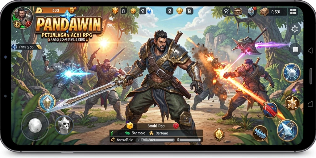 Tangkapan layar utama <strong>PANDWIN</strong> menunjukkan aksi pertarungan yang intens dan visual yang memukau.