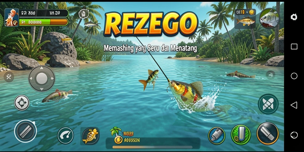 Tampilan gameplay REZEGO yang menampilkan aksi memancing yang seru.