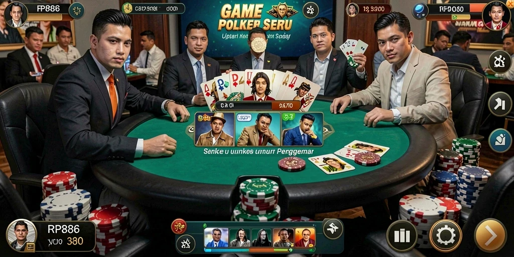 Tampilan gameplay seru dalam game Poker RP886 yang mendebarkan.