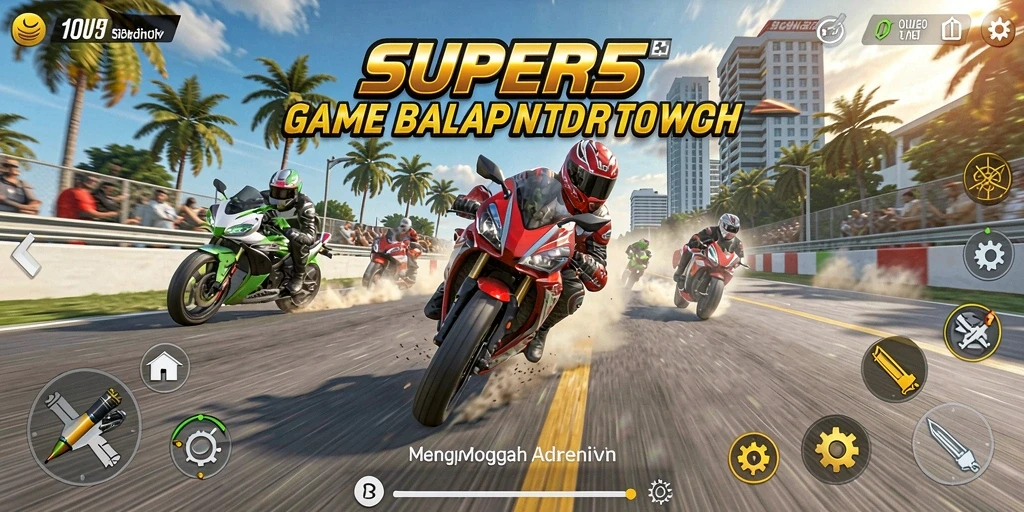Screenshot dari gameplay balap motor dalam SUPER5.