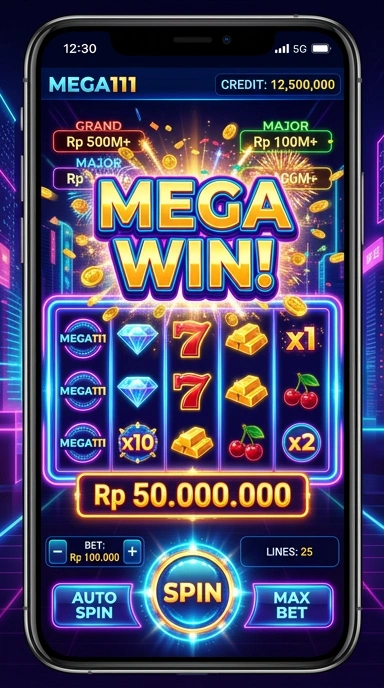 Screenshot aplikasi mega111 yang menunjukkan beragam kategori tersedia.